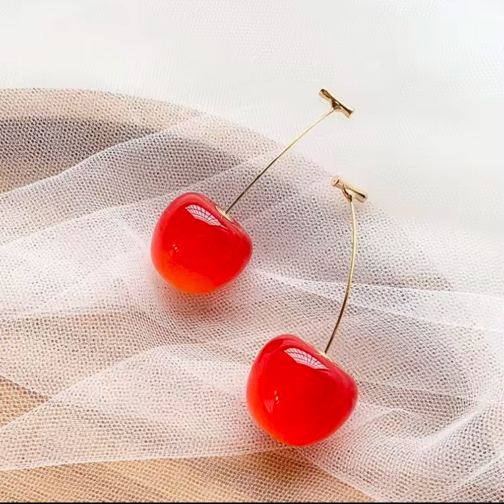 Cherry Earring Dangle , Gold Drop. Red Color